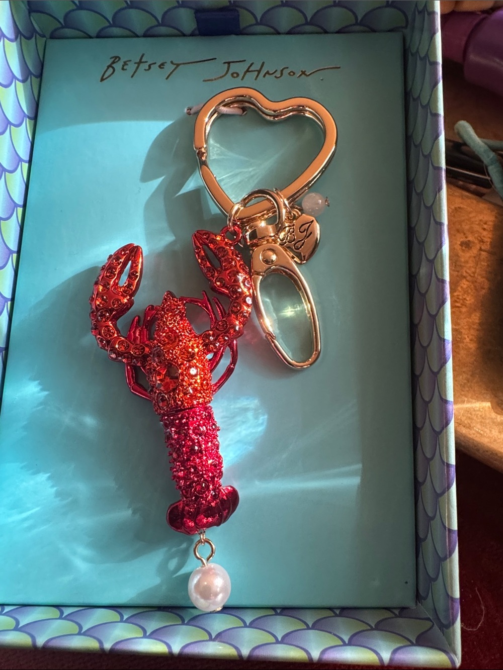 Betsey Johnson Red Crystal Lobster Keychain with Pearl Accent